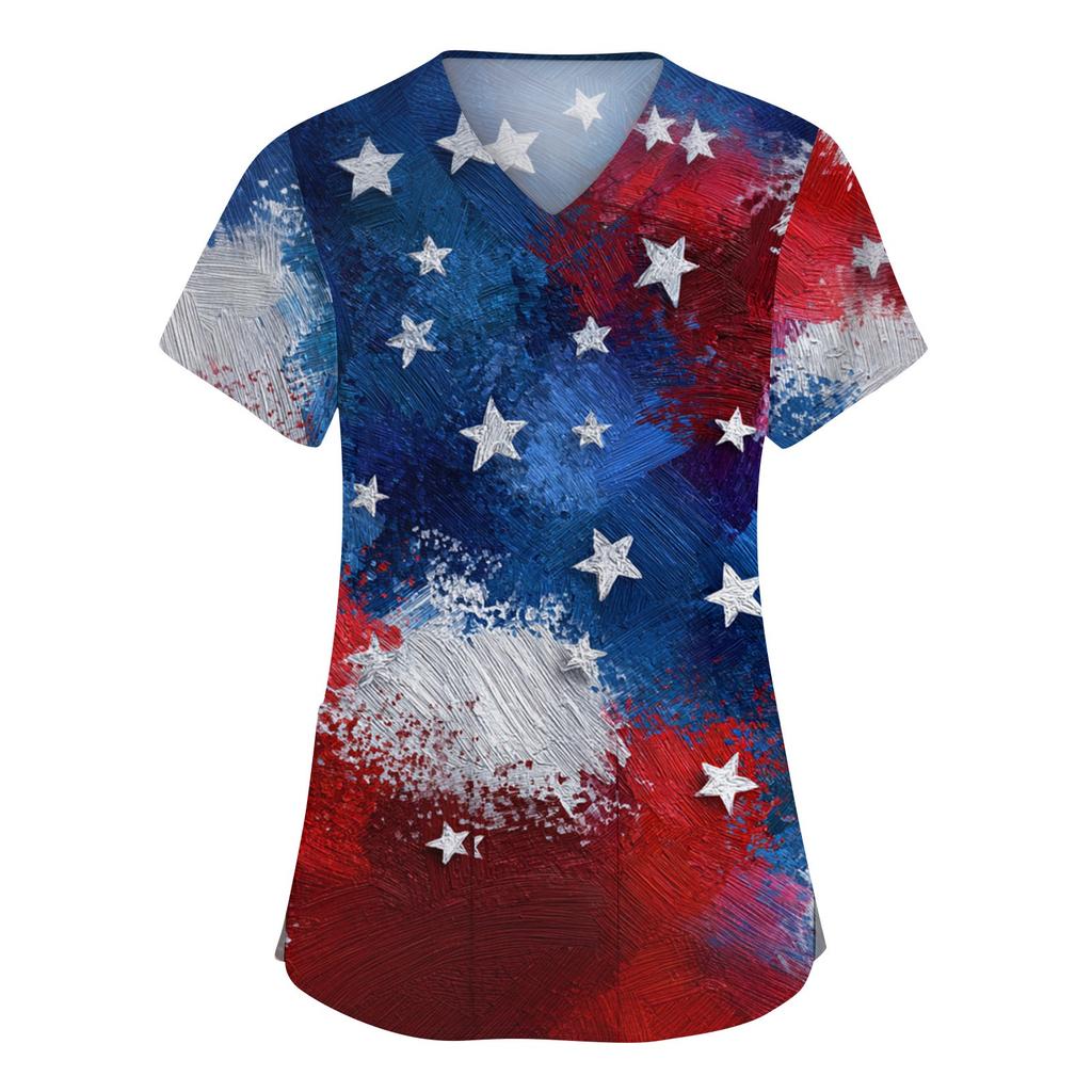 Modische Arbeitskleidung für Damen mit V-Ausschnitt, kurzen Ärmeln und bedruckten Taschen