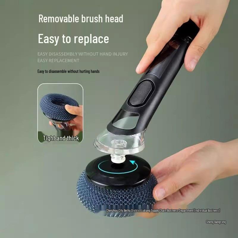 Long Handle Dishwashing Brush with Automatic Liquid Dispensing, Sponge, and Steel Wire for Pot Cleaning