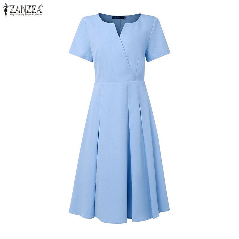 ZANZEA Women Summer V-Neck Solid Color Casual Short Sleeve Dress