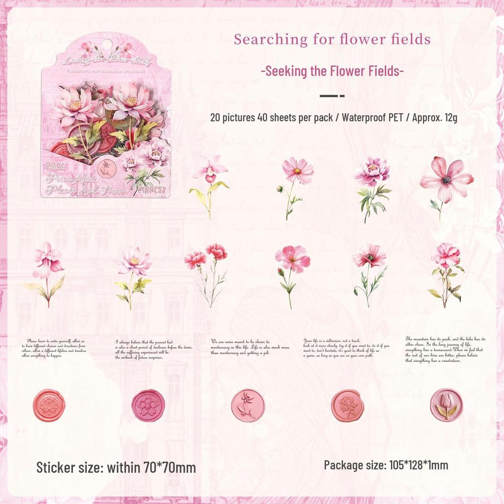 ZABC PET Sticker Pack - Herb Poetry Series: 40 Floral Theme Sheets, 6 Styles
