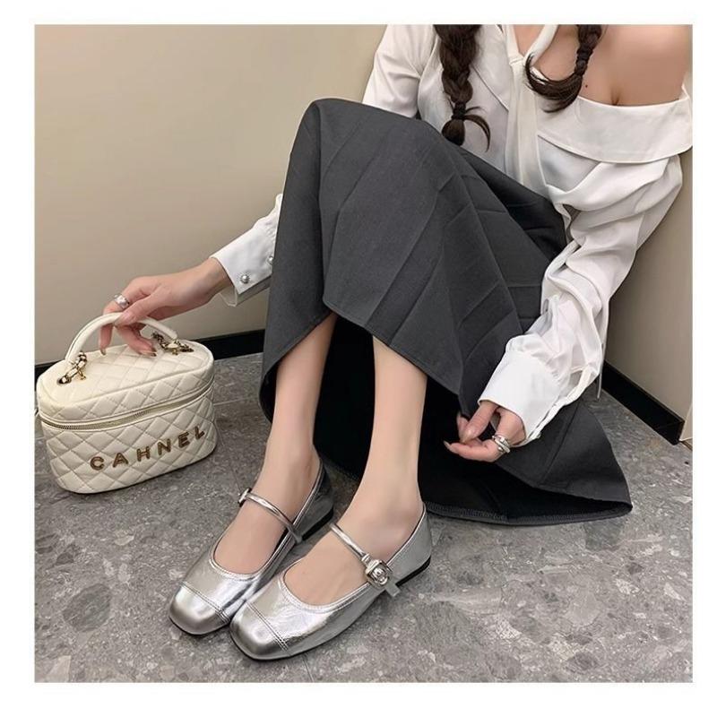 Metallic Mary Jane Flats Women's Square Toe Buckle Strap Casual Shoes