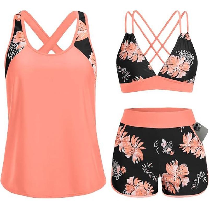 Costume da Bagno Intero a Tre Pezzi da Donna con Tasche Design Incrociato Bellissimo Dorso Bikini Boxer Costume da Bagno Sportivo