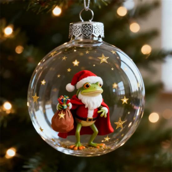 Frog Christmas Ornament Clear Plastic Xmas Hanging Ball with 3D Frog Ornament Holiday Keepsake
