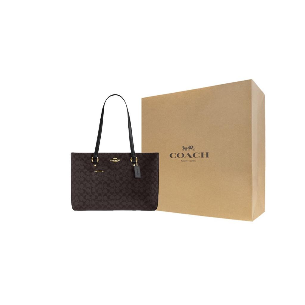 Coach Station 35 Brand Print Coated Canvas And Leather Shoulder Bag Large Women Shoulder Bag Gold Walnut CCD69-IMXAQ