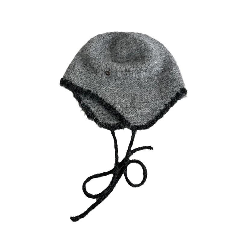 Autumn and Winter Warm Knitted Lei Feng Hat Women's Simple Versatile Splicing Strap Basin Hat Concave Ear Protector