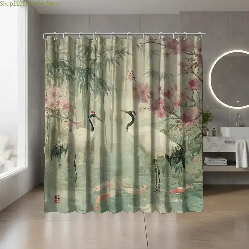 

A Bathroom Shower Curtain Featuring a Painting Display, Perfect for The Spring Festival, Includes 12 Hooks, Measuring 70.87*70 90x180cm