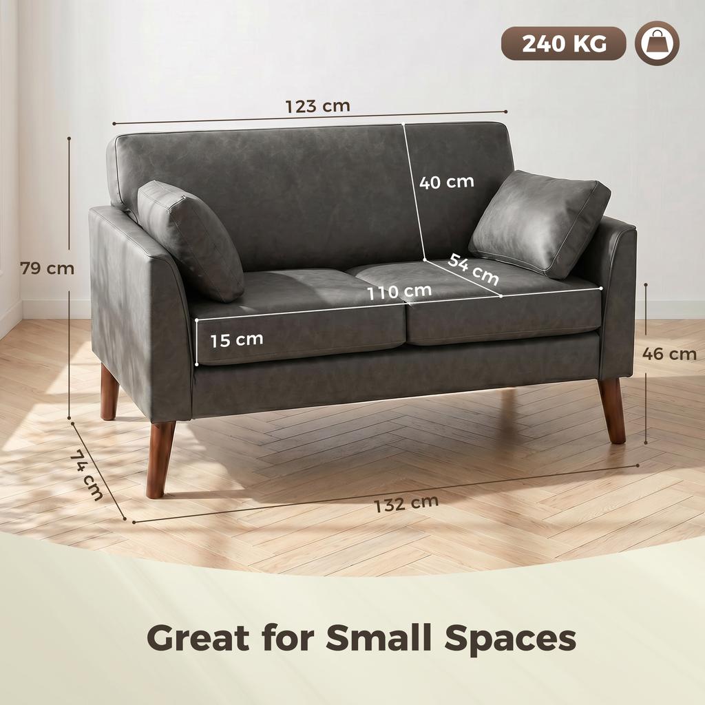 2 Seater Sofa 132 Cm Modern Small Sofa With Solid Wood Legs And 2 Pillows For Small Space Grey