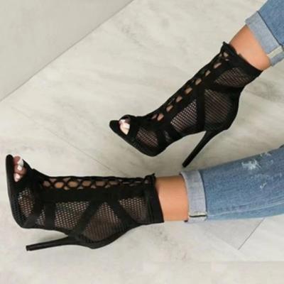 Europe, America 2025 New Black Net Sandals Fashion Cross Strap Sexy Thin High Heel Sandals Large Size Women's Cool Boots