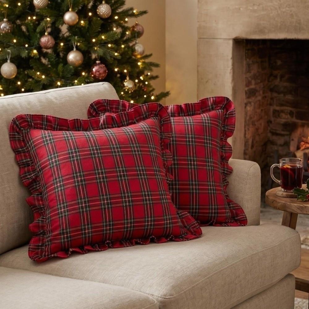 Ruffle Trim Throw Pillow Covers Tartan Plaid Cushion Covers Cozy Checkered Pillowcase Indoor Use