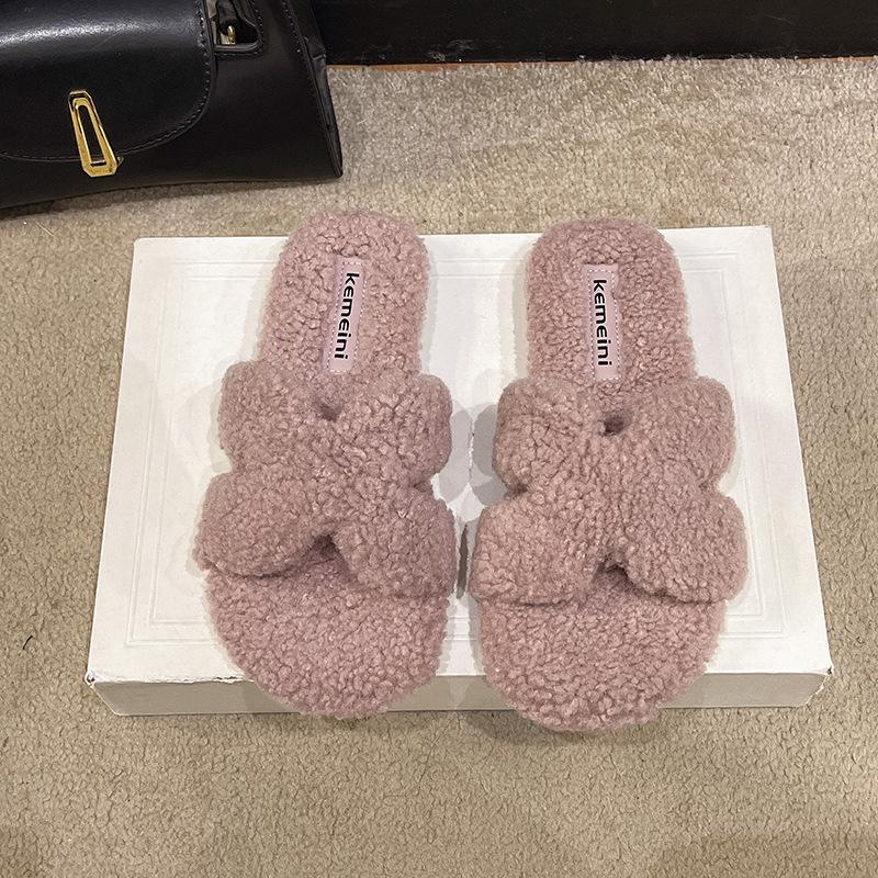 Flatsulade fluffiga tofflor för damers ytterkläder 2025 nya höst- och vinter tjocksulade inomhus hem mjukbottnade fluffiga bomullstofflor