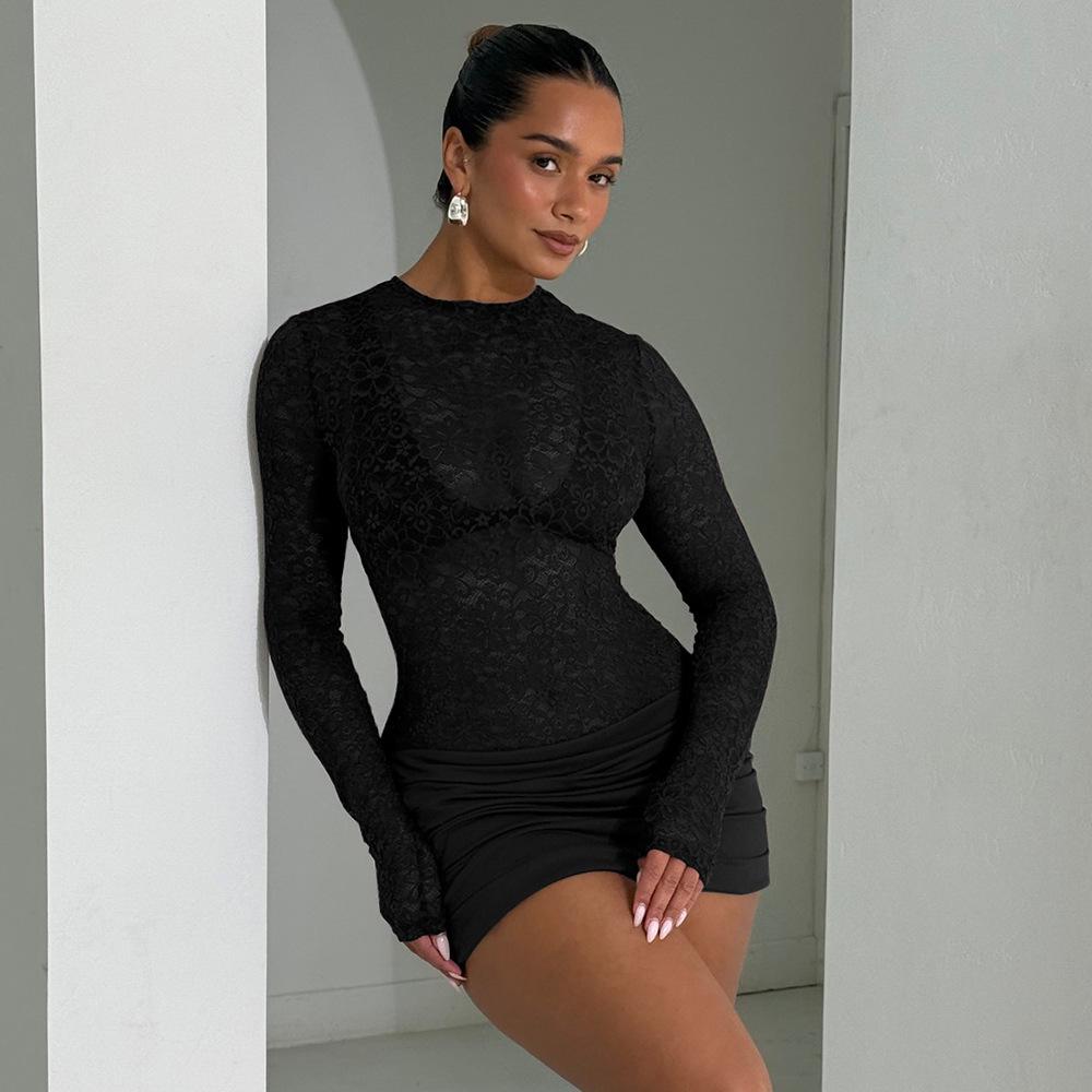 Vestido Ajustado Sexy con Volantes Transparente de Encaje Primavera 2026 - Moda Femenina Estilo Europeo y Americano
