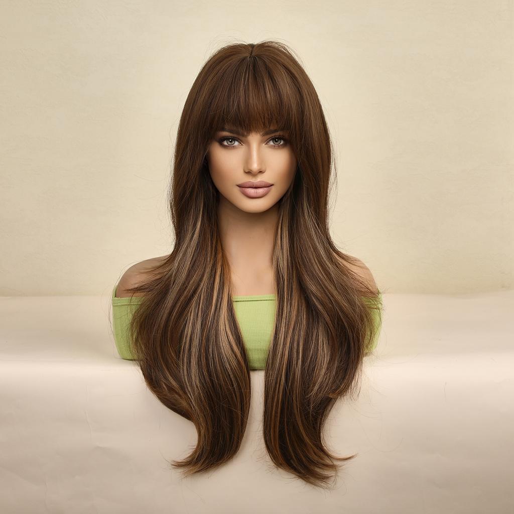 European-American Long Bangs Hair Gradual Golden Brown Long Hair Wig Head Cover