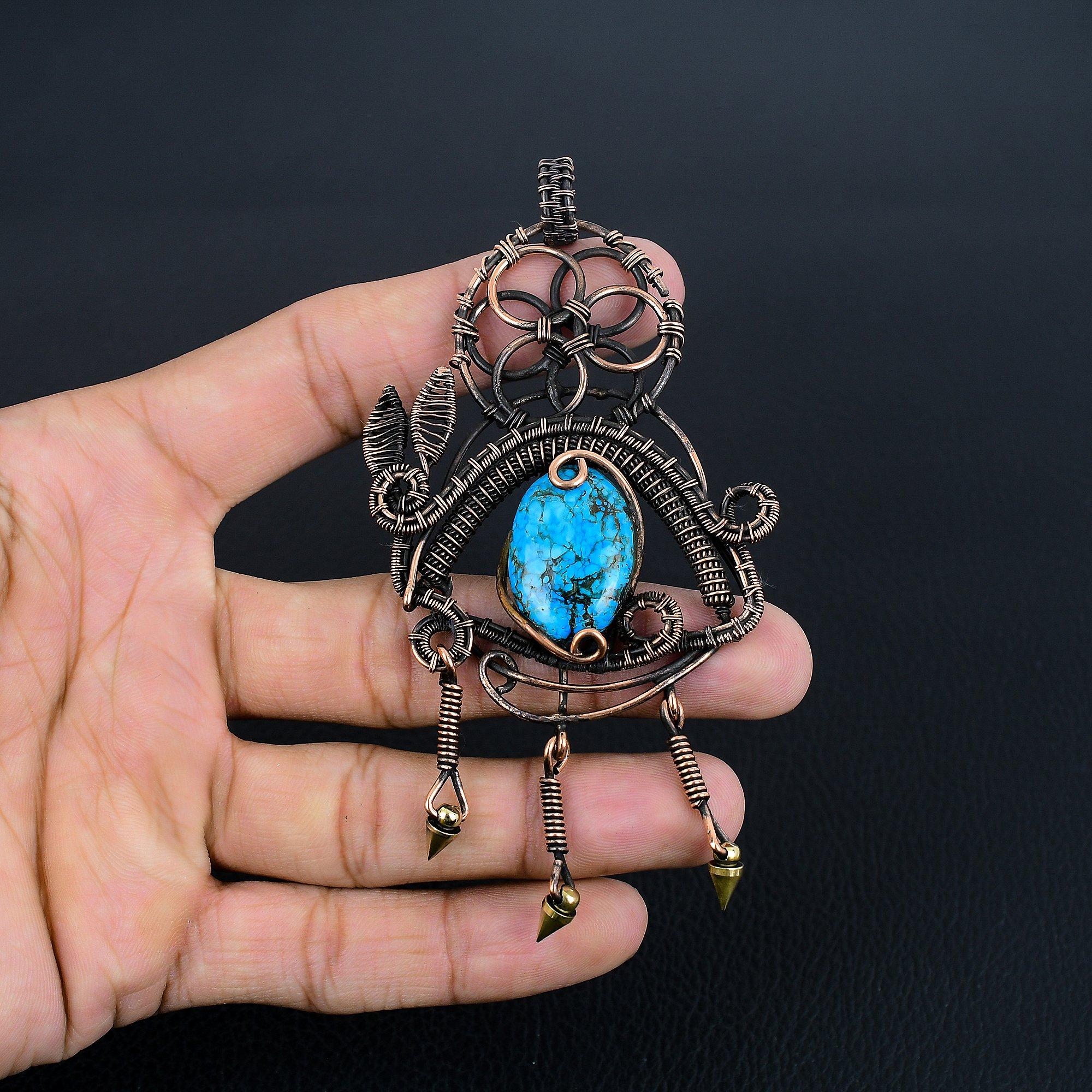 

Blue Turquoise Handmade Gemstone Pendant, 999 Copper Wire Wrapped Antique Jewelry Pendant, For Engagement Gift 3.55