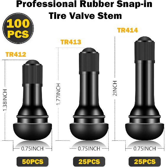 100 Pieces TR412 TR413 TR414 Tire Valve Stems Rubber Black Rubber Snap-In Valves,Tubeless Valve Stems Suit For 0.453 Inch Rim Holes On Standard