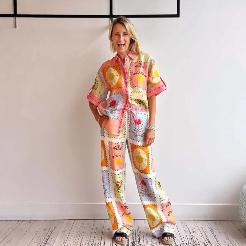Summer Ladies Vacation 2-piece Casual Fashion Linen Shirt Collar Cardigan Long Suit