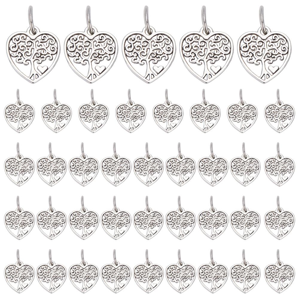 40Pcs Tibetan Style Alloy Pendants Hollow Heart Charms with Tree Antique Silver 18.5x17x1.5mm Hole: 7.5mm