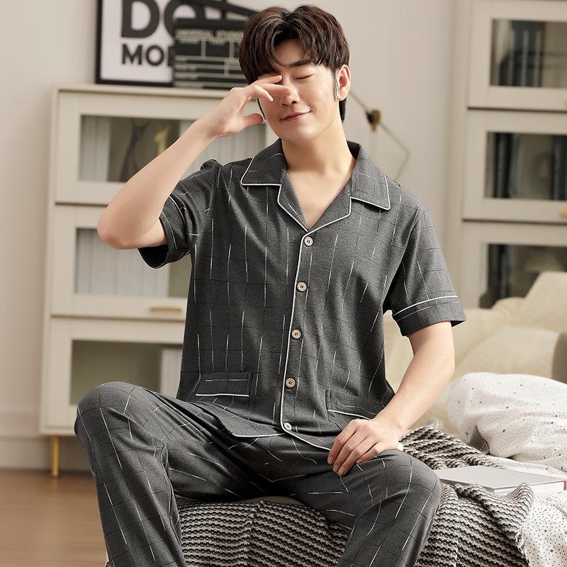 Men's Summer Cotton Pajama Set: Short Sleeve, Long Pants, Plus Size, Loose, Casual, Thin Cardigan Homewear.