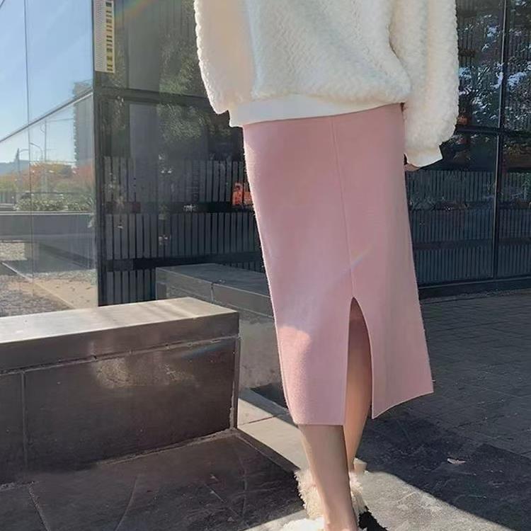Cashmere Pink Knitted Skirt with High Waisted Slit Winter Sweater Mid-length One-step Skirt with Hip Skirt Gentle Style