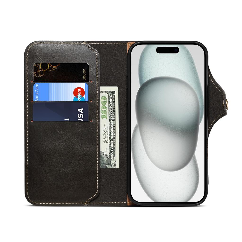 Custodia Denior di Lusso in Pelle Vera con Cera ad Olio per iPhone Air 18 17 16 15 14 13 Pro Max Plus Portafoglio Sottile Copertura a Libro con Cinturino da Polso