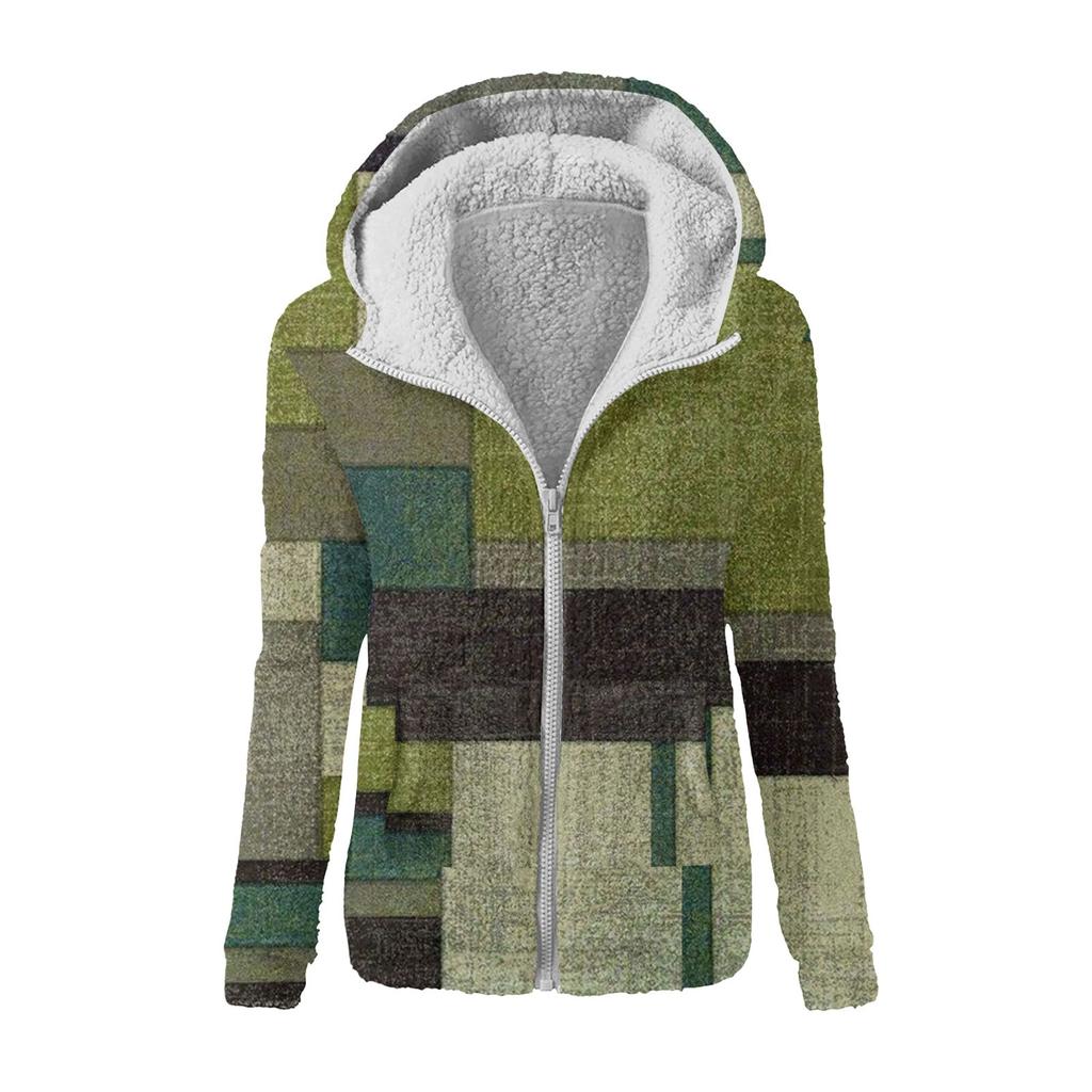 Damenmode Geometrischer Patchwork-Print Kapuzenplüsch Lässiges Oberteil Reißverschlussjacke