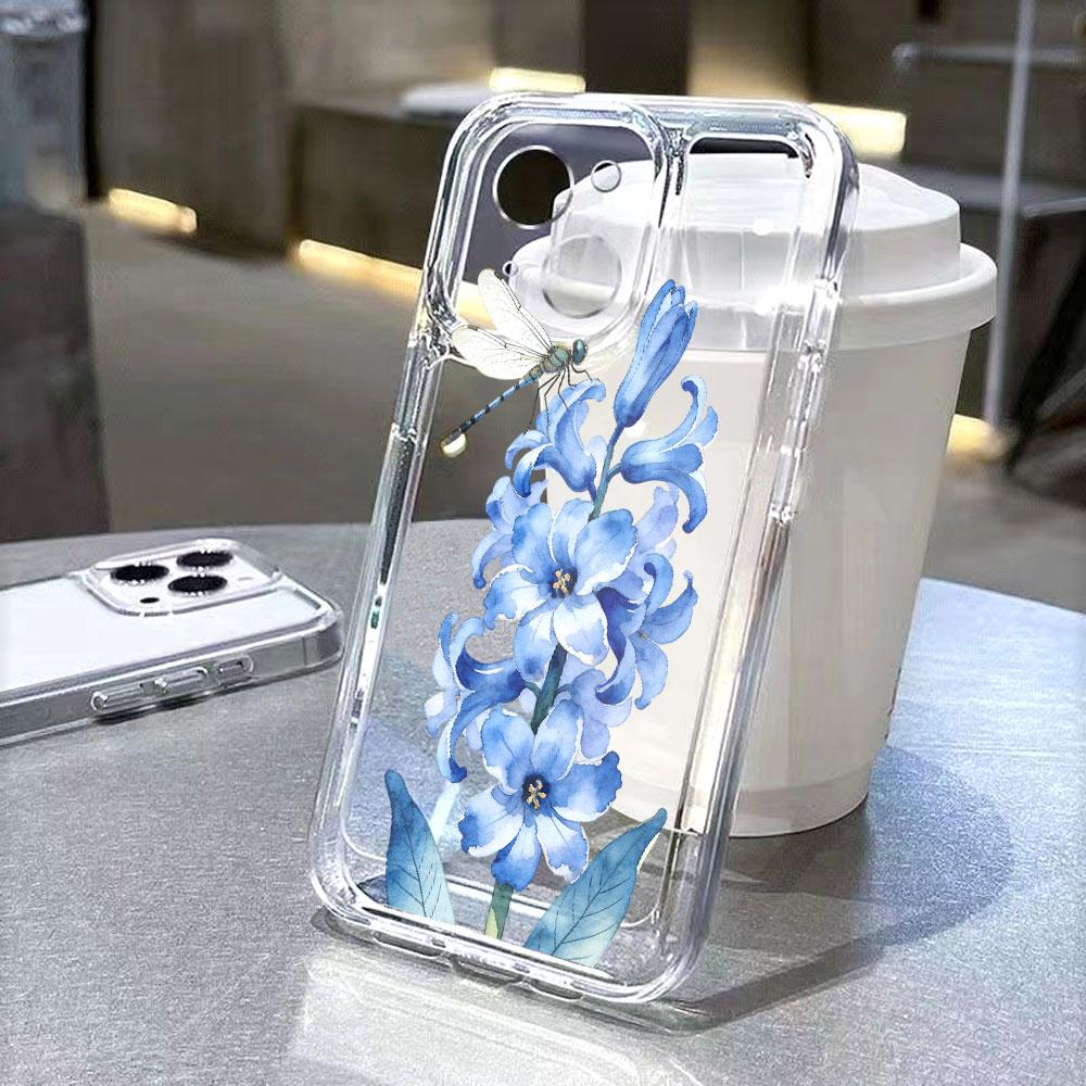 Watercolor Blue Hyacinth and Dragonfly lucency Phone Case for IPhone 14 15 16 13 12 11 17 Pro Max 12 13 Mini Soft Cover iPhone XS Max