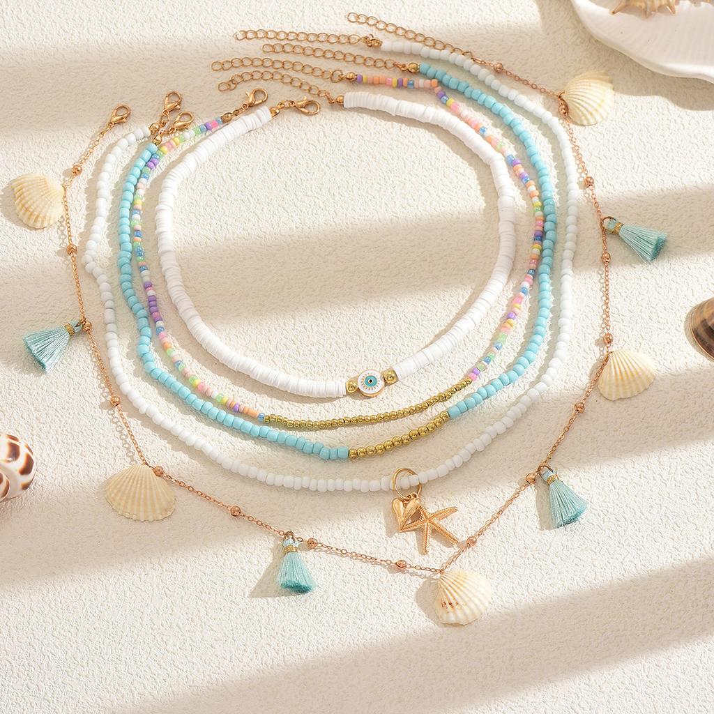 European and American jewelry, bohemian soft pottery beaded necklace, personalized starfish shell pendant stacked necklace for women