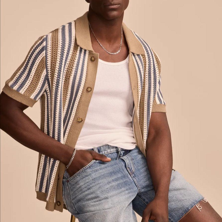 2025 Summer European and American Men's Casual Striped Hollow Knit Polo Shirt BK0068