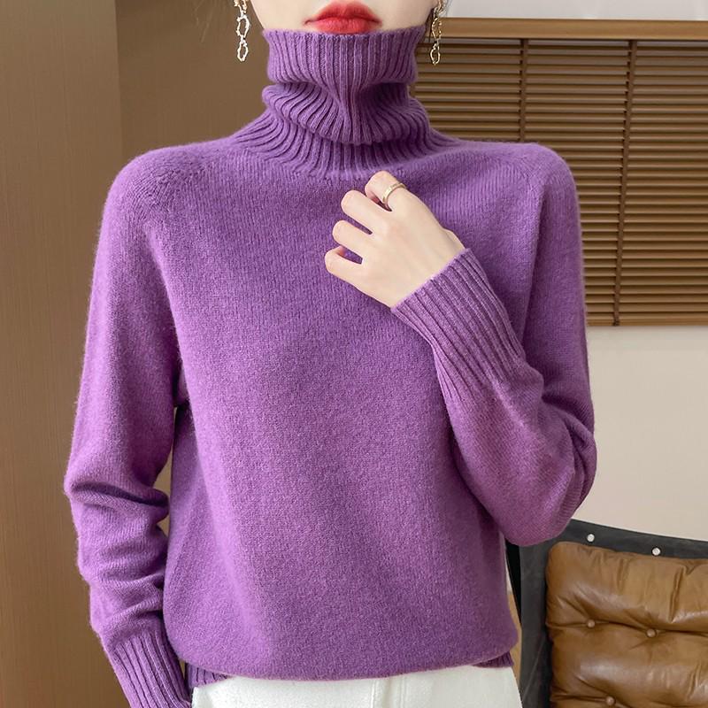 Women's Pure Wool High-Neck Sweater: Solid Color, Loose Fit, Thickened Base Layer, Autumn/Winter Collection