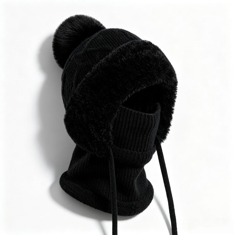 Plush ear protectors knitted hat scarf mask integrated ski warm hat women's winter wool one-piece hat