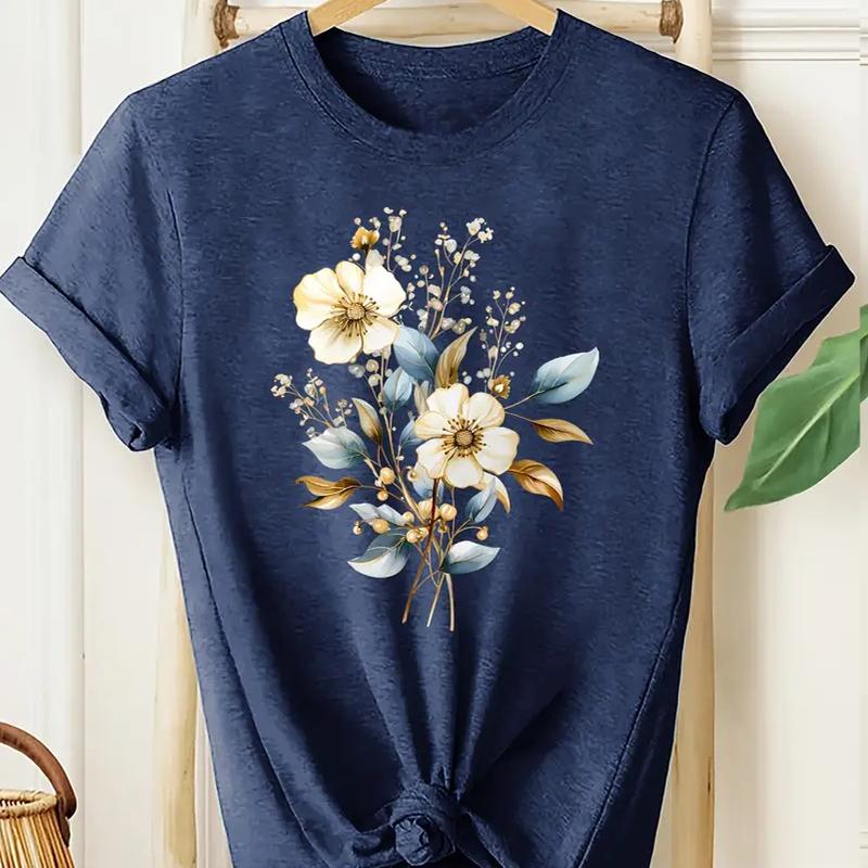 Dámské letní tričko Retro móda Trička s krátkým rukávem Ležérní topy s potiskem slunečnic