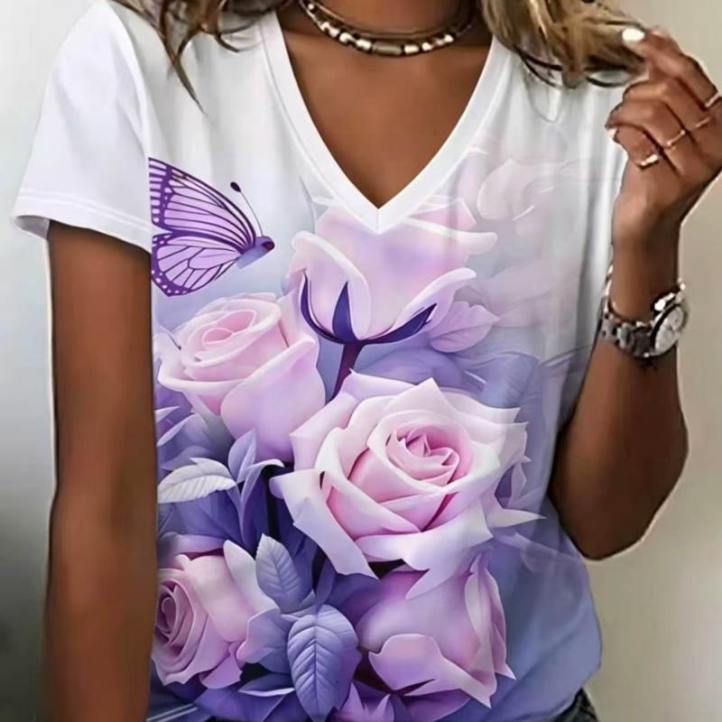 Summer Ladies 3D Printed V-Neck T-Shirt Fashion Versatile Breathable Trend Casual