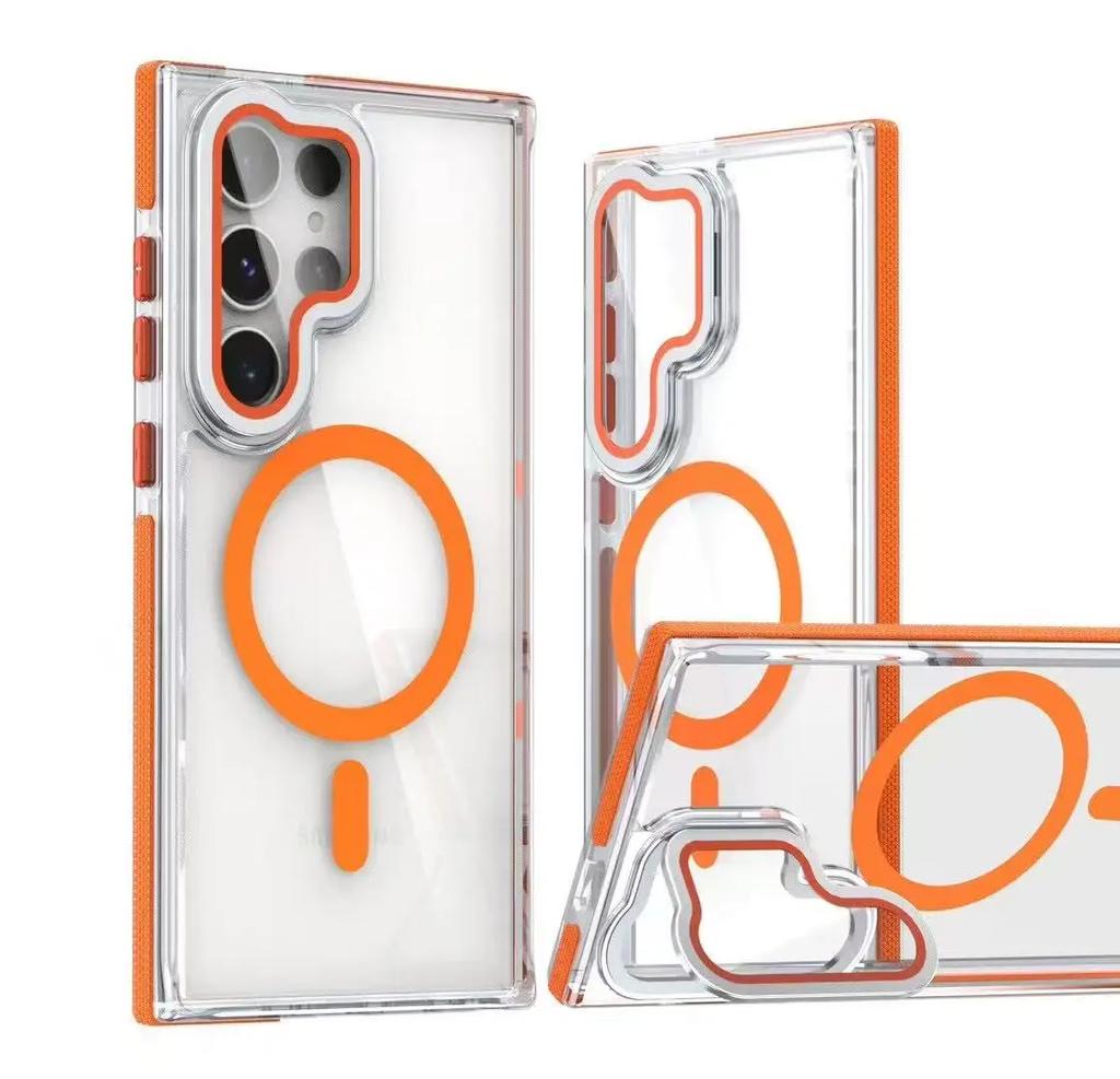 Luxury Wireless Charge Lens Holder Phone Case for Samsung Galaxy S24 S23 S25 Ultra Plus Magnetic Shockproof Clear Cover