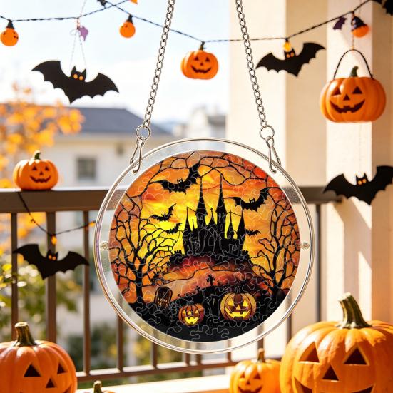 Yousheng Acrylic Puzzle Suncatcher, Halloween Black Cat Castle Raven DIY Sun Catcher Kit, Stained Glass Window Hanging Ornament for Home, Garden