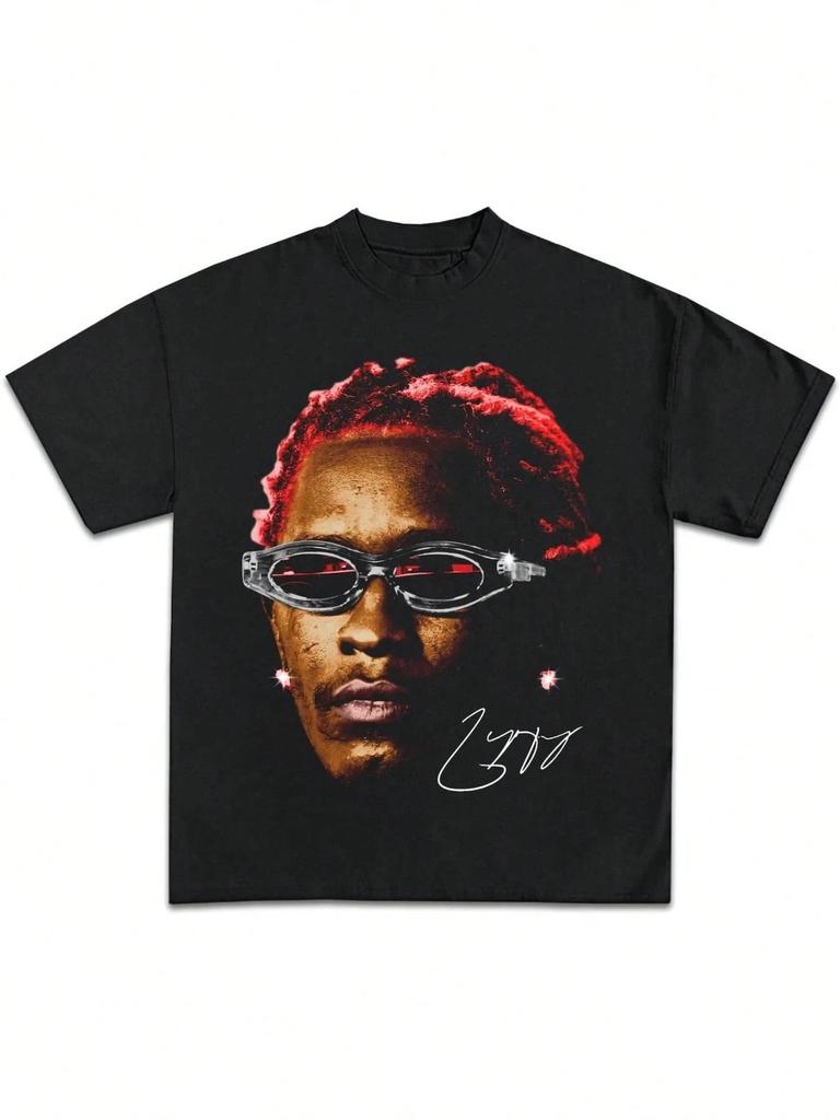 Rapper Young Thug Thugger Portrait Vintage Hip Hop Style Black Cotton Unisex T-shirt