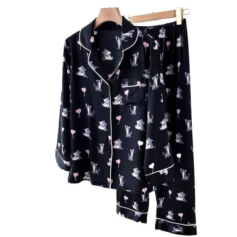 Ice Silk Pajamas Women'S High-End Cartoon Cat Long-Sleeved Loungewear Fashion Suit