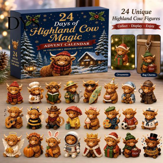Decorative Bag Charms Highland Cow Advent Calendar, 24 Unique Acrylic Ornaments, Christmas Countdown Blind Box 2D Flat Hanging for Tree Decoration