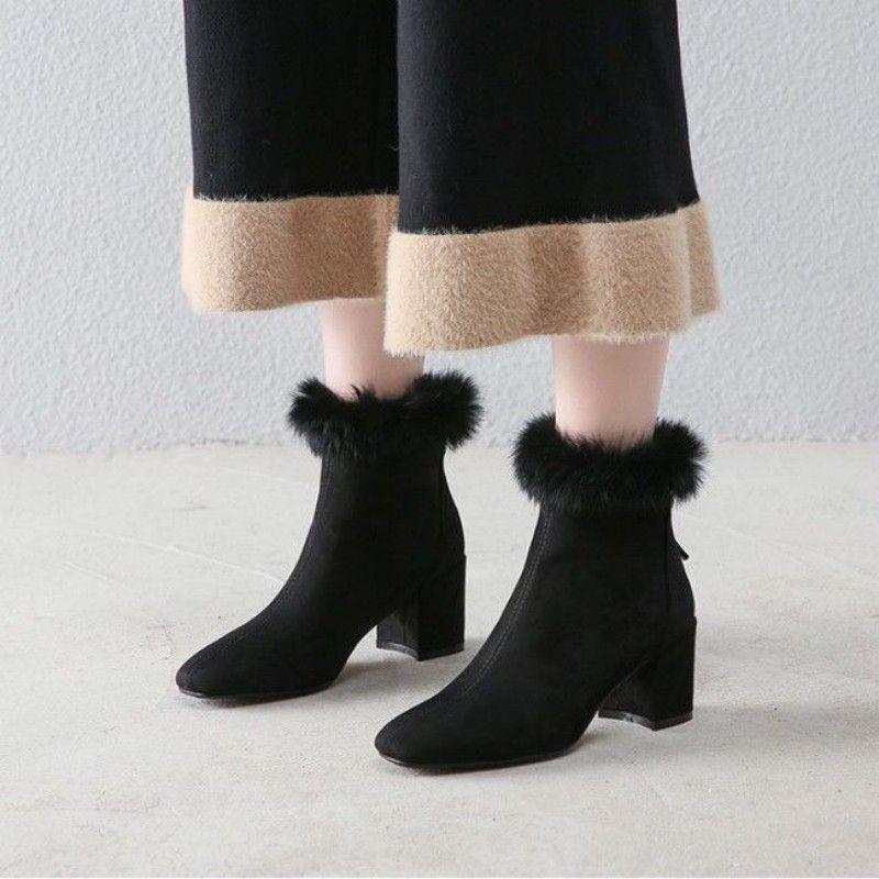 Fashion Booties Soft French Style Rabbit Fur Chunky Heel Woman Short Shoes Large Size Warm On Promotion Y2k Boot Ankle Boots for Women