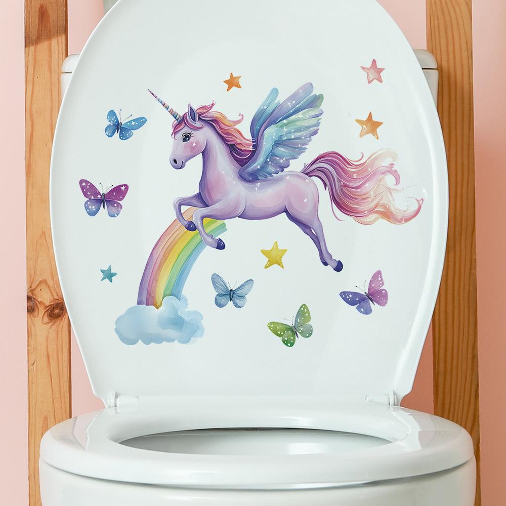 Playful Unicorn and Butterflies Hand Painted Toilet Sticker Waterproof Self-Adhesive Removable Decal for Bathroom WC Home Decor