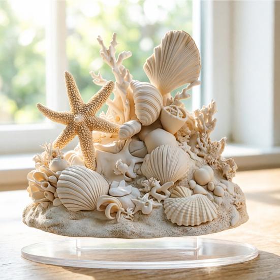 Yousheng Coastal Shell Coral Ornament, 2D Flat Acrylic Starfish Decoration with Base, Ocean Shells Table Centerpiece Ornament for Home Desk Shelf