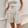 Women's Elastic High Waist Straight Leg Shorts Solid Color Button Pleated Casual Bermuda Shorts