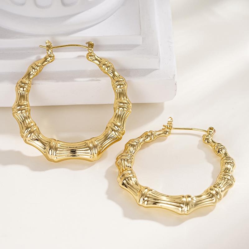 Huitan Novel Bamboo Design Hoop Earrings for Women Gold Color Luxury Wedding Engagement Charming Party Fashion Statement Jewelry