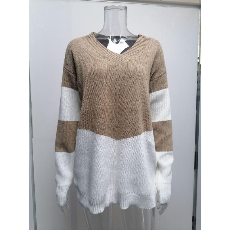 Herbst und Winter Damen Pullover in Übergröße mit V-Ausschnitt, lockerer Pullover, Patchwork, Farbkollisions-Strickpullover