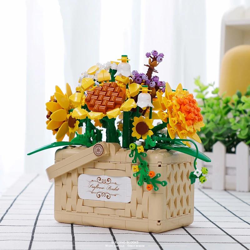 Rose Flower Basket Bouquet Building Kit Bonsai Sunflowers Building Blocks Set Blossoms Moc Bricks Puzzle Kids Toys Girls Gifts