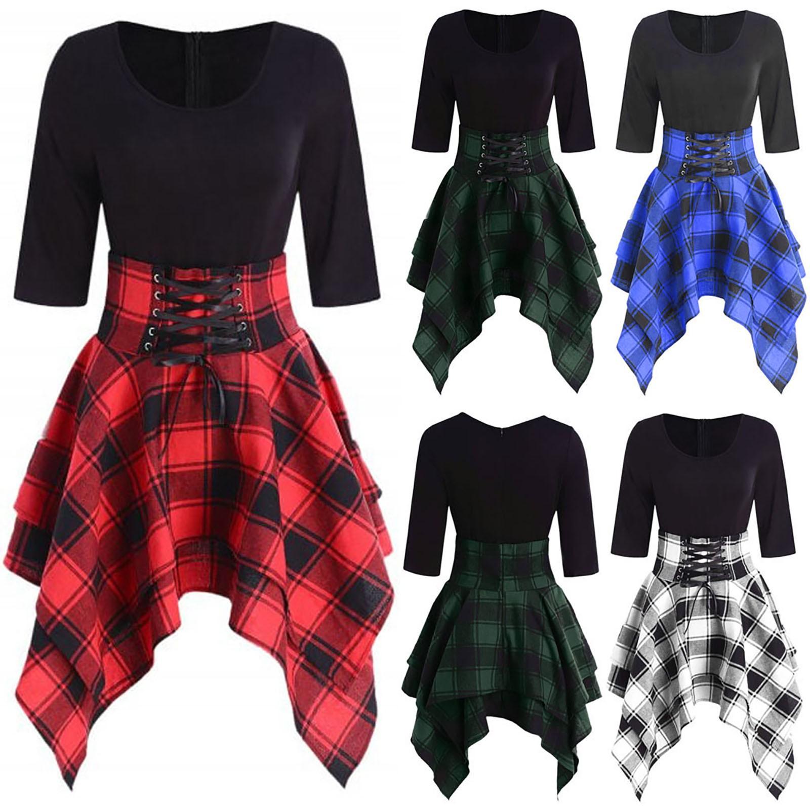 

Модное женское повседневное асимметричное мини-платье с клетчатым принтом в клетку тартан