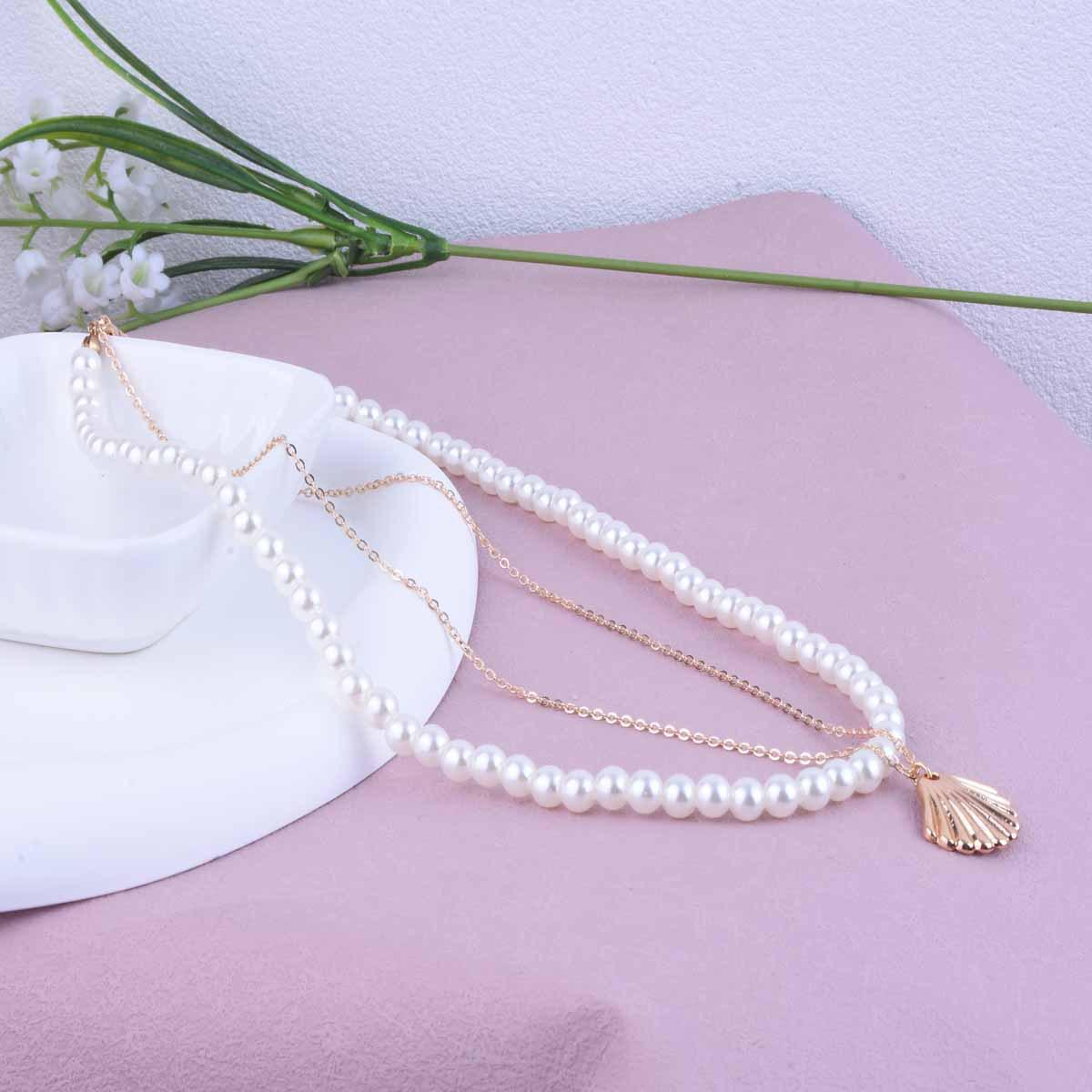 Scallop Pearl Double Layer Necklace: Elegant Retro Style for Women золотой