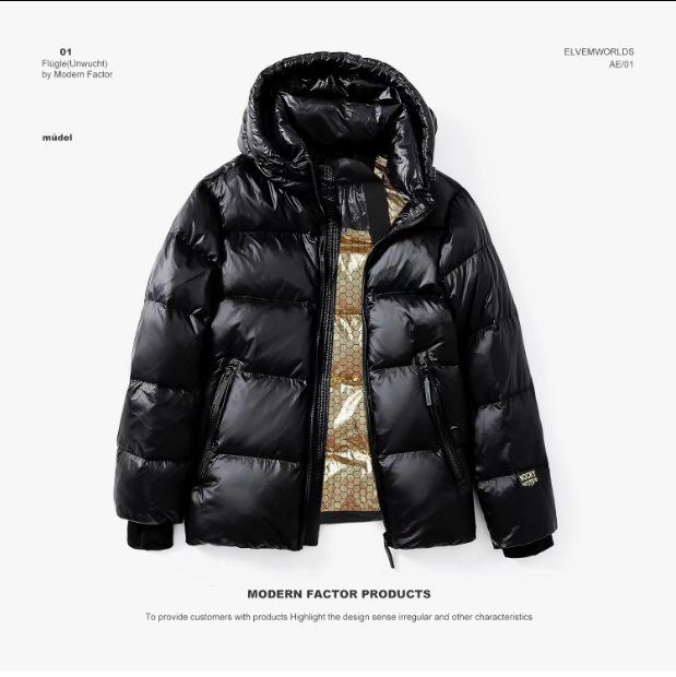 Unisex Shiny Short Down Jacket: Off-Season Duck Down, Thick, Loose Fit, Black & Gold, Korean Style, Plus Size