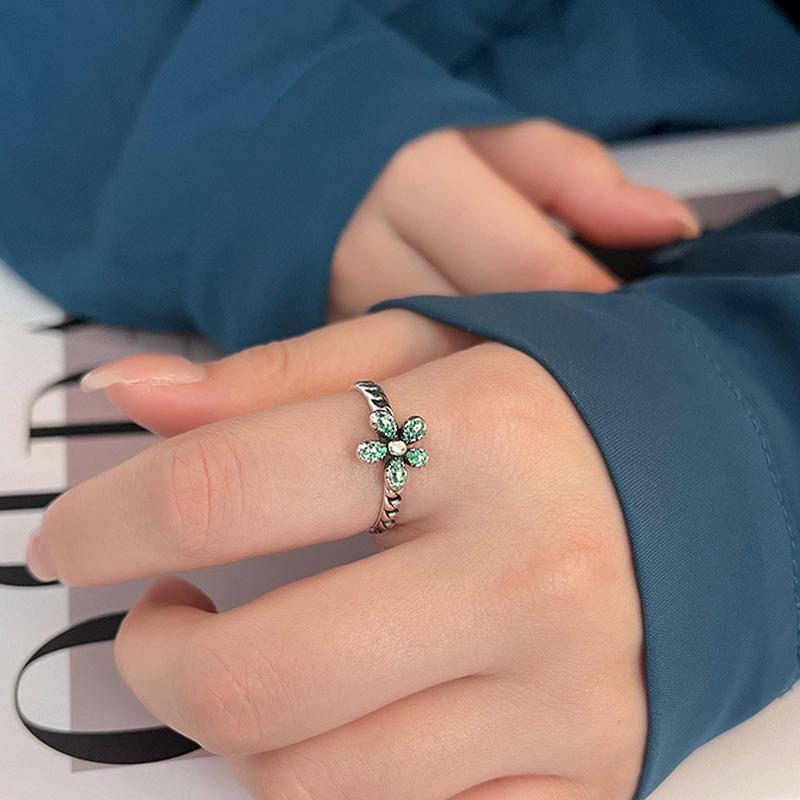

Винтажное кольцо с зеленым бриллиантом и цветком, летнее открытое кольцо, модное кольцо