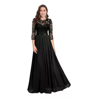 Women's Solid Color Three-quarter Sleeve Round Neck Long Lace Evening Dress Clothes Sale