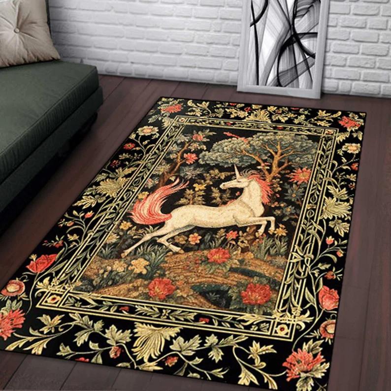 Vintage Art Rectangular Rug, Unicorn Tree Floral Patterns, Soft Non - Slip Carpet to Elevate Living Room and Bedroom Decor