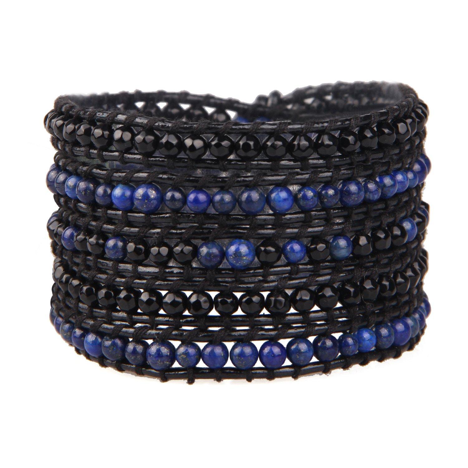 KELITCH Onyx Bead Black Leather 5-Wrap Bracelet New Jewelry Women s Hand Chain (Dark Blue)